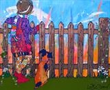 coming home by Louise Dear, Painting, mixed media gloss paint and copper leaf on aluminium